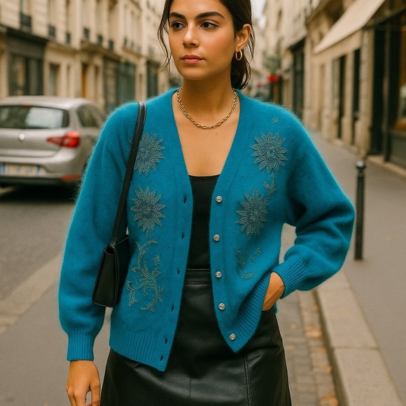 Rare Vintage Angora Embroidered Beaded NWT Dead-stock Turquoise Cardigan M - Picture 4 of 16